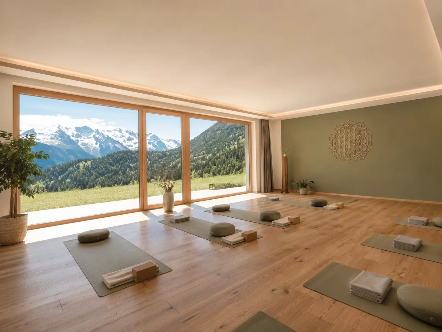 Raum WeitBlick mit Yogamatten und Blick auf die Pitztaler Berge