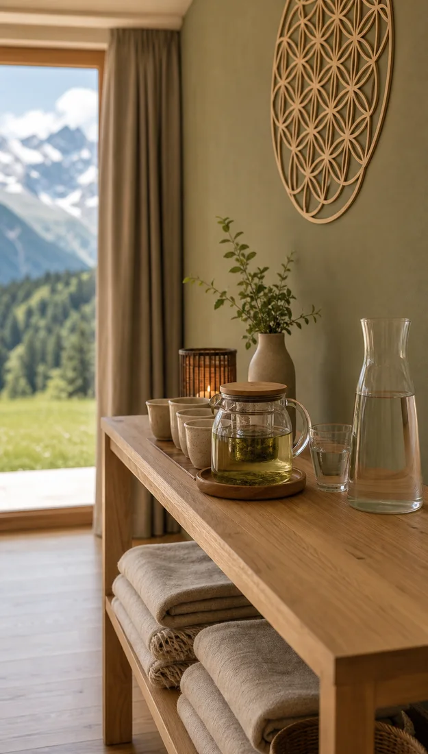 Teebereich mit Decken und Bergblick