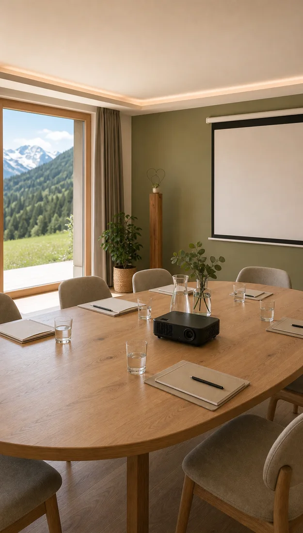 Seminarraum mit Tisch Beamer und Leinwand