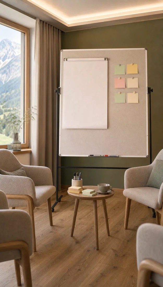 Workshop-Ecke mit Flipchart und Sesseln