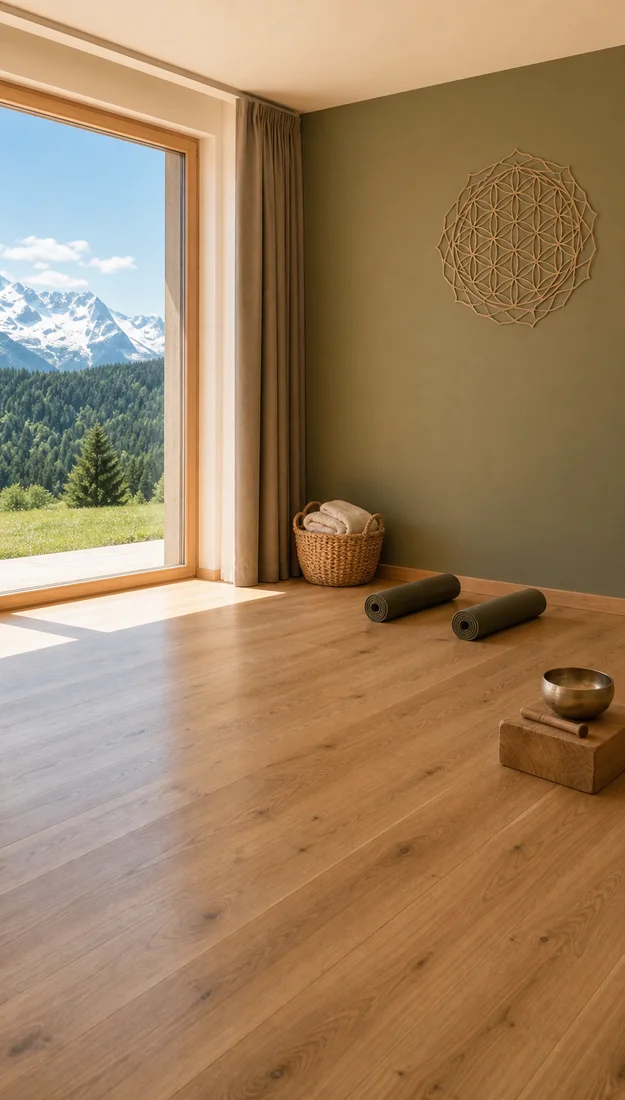 Ruhiger Raum mit Matten Klangschale und Bergblick
